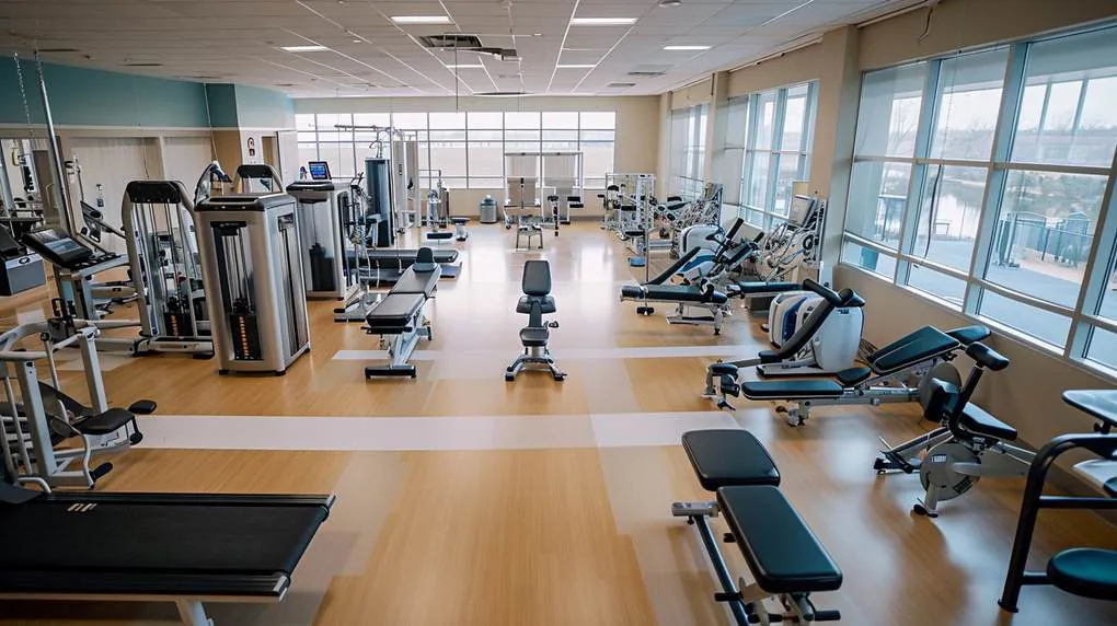 Gym hall with treadmills, benches and strength machines